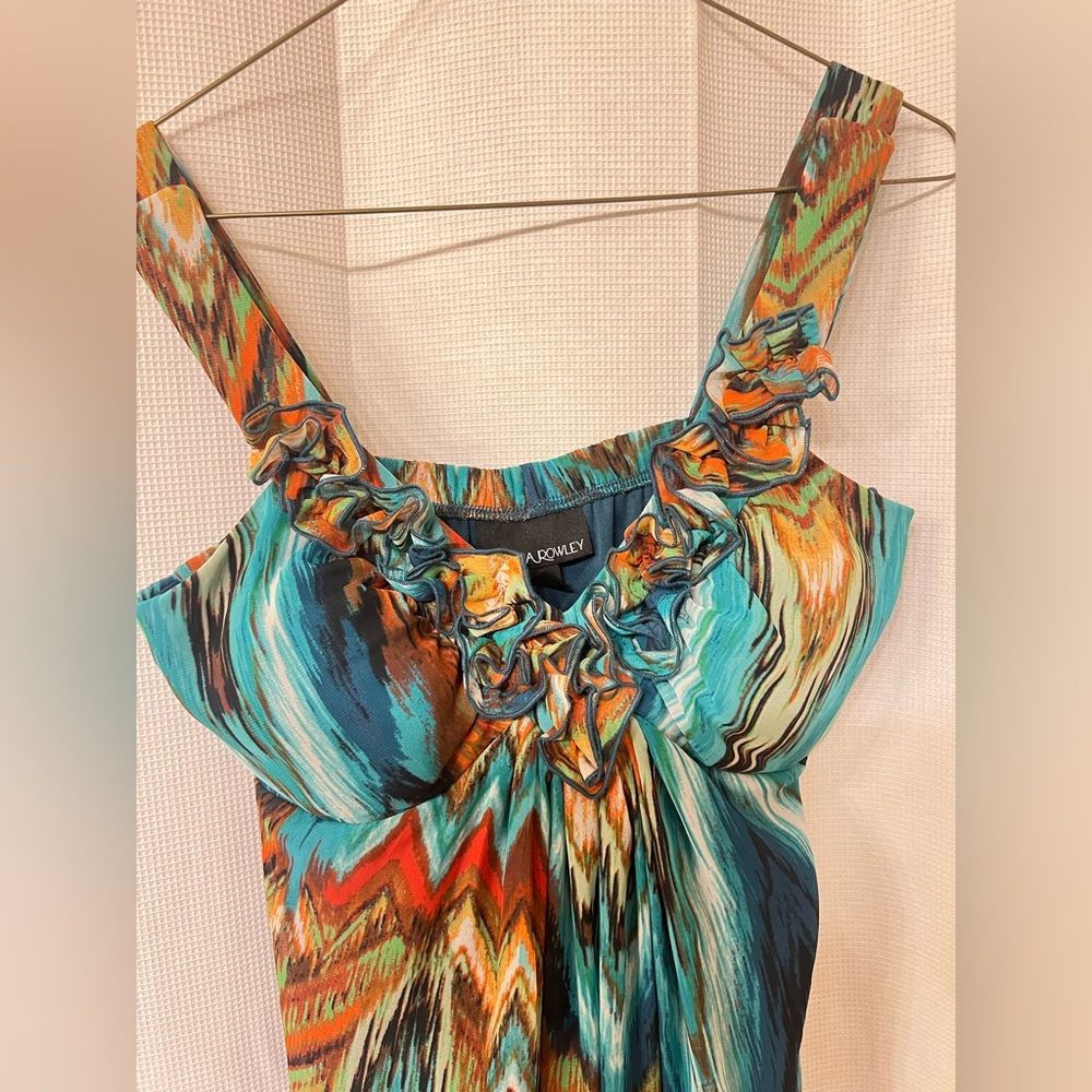 Festival Aztec v neck ruffle high low dress lightweight mesh multicolor sz 6 - Picture 2 of 4